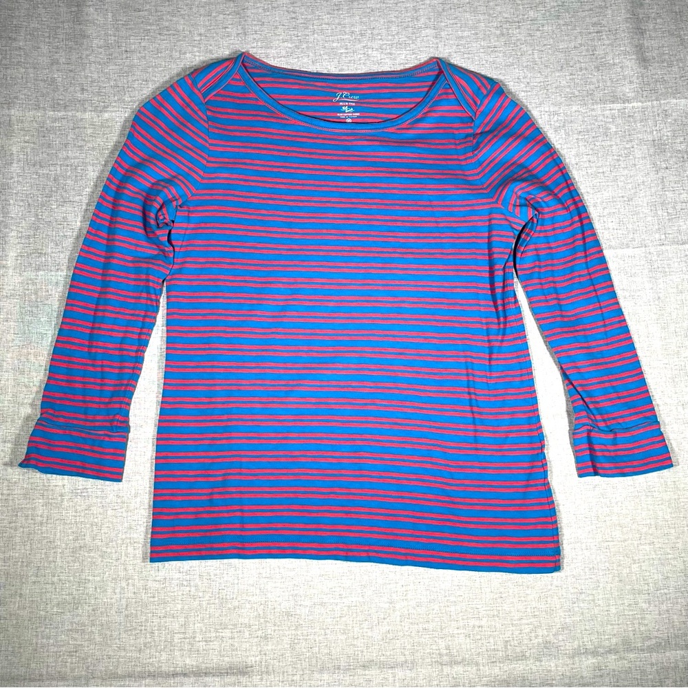 J. Crew XS Boatneck Slub Tee T-Shirt Knit Shirt Blue Pink Stripe 3/4 Sleeve